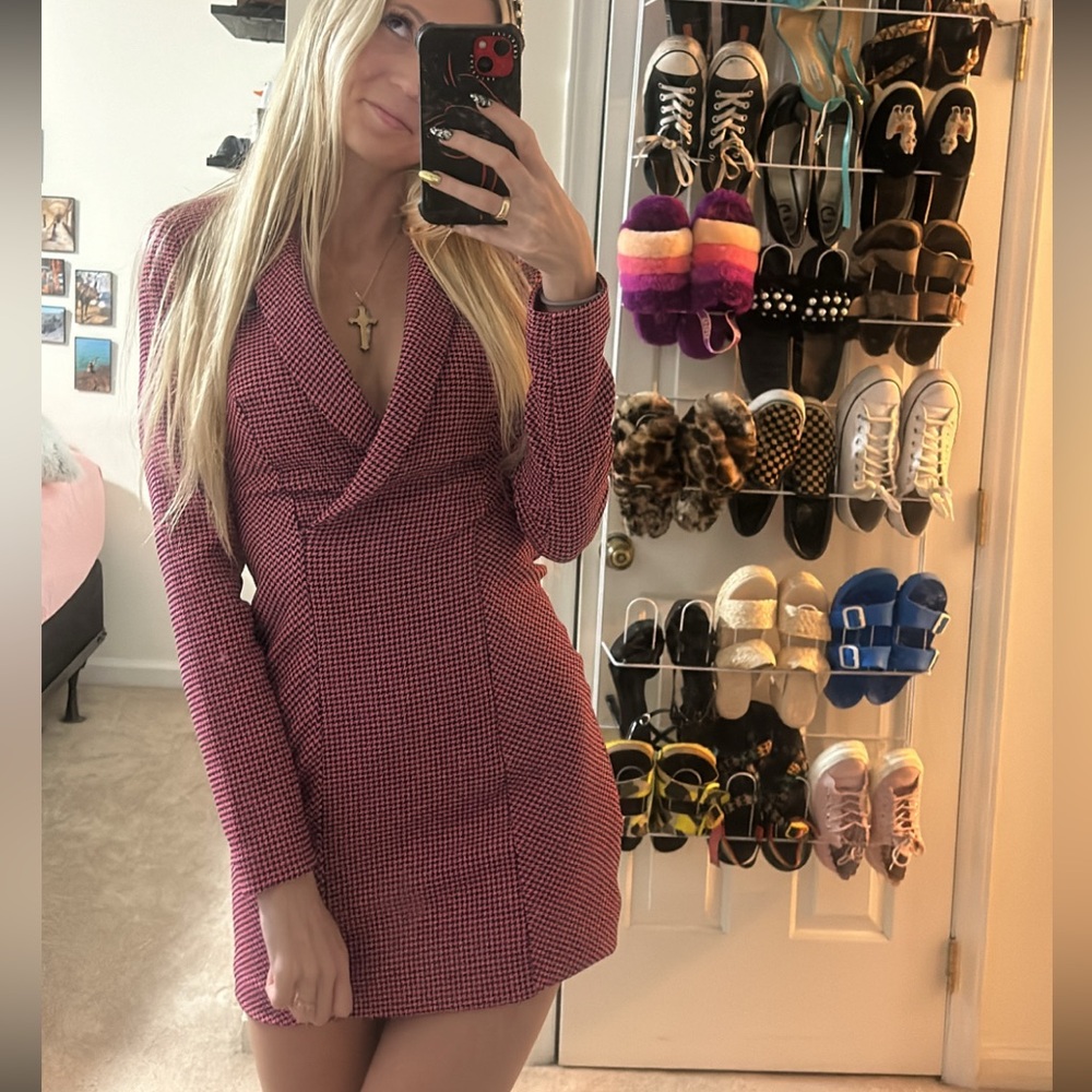 Pink Houndstooth Blazer Dress